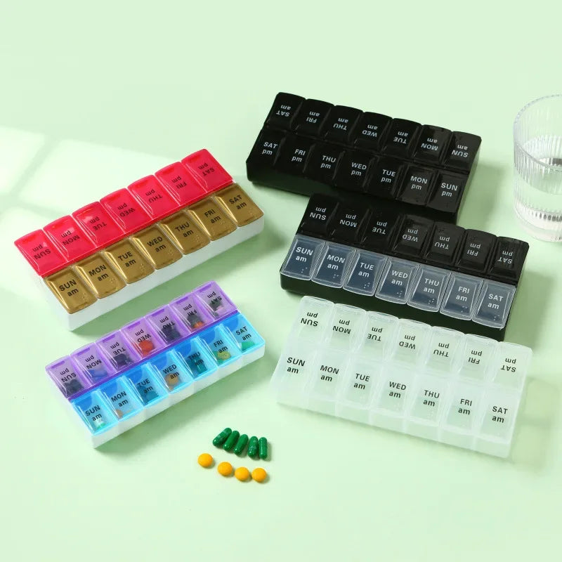 7-Day Travel Pill Organizer – Portable Weekly Pill Case with 14 Grids for Vitamins & Medications