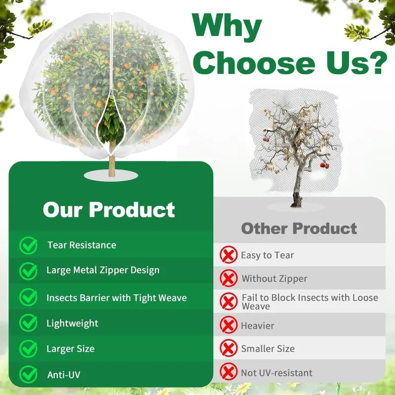1.8m Extra Large Fruit Tree Netting Bag - Zippered Drawstring Insect & Bird Protection Cover for Plants