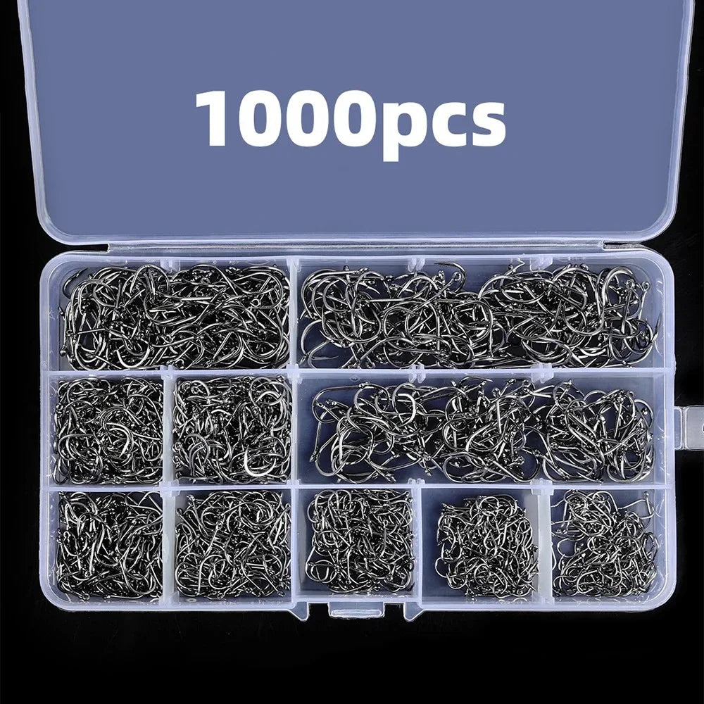 1000Pcs High Carbon Steel Barbed Fishing Hooks – Sharp & Durable Hook Set for Rock Fishing & Tackle Gear