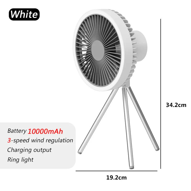 10000mAh Rechargeable Camping Fan – Ceiling & Desk Fan with LED Light and Power Bank Function