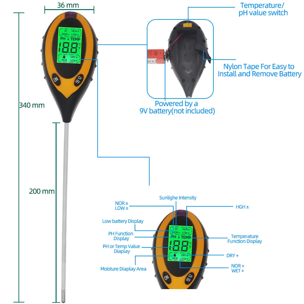5-in-1 PH Soil Tester – Portable Moisture Meter, Thermometer, Humidity & Water Analyzer for Gardening & Hydroponics
