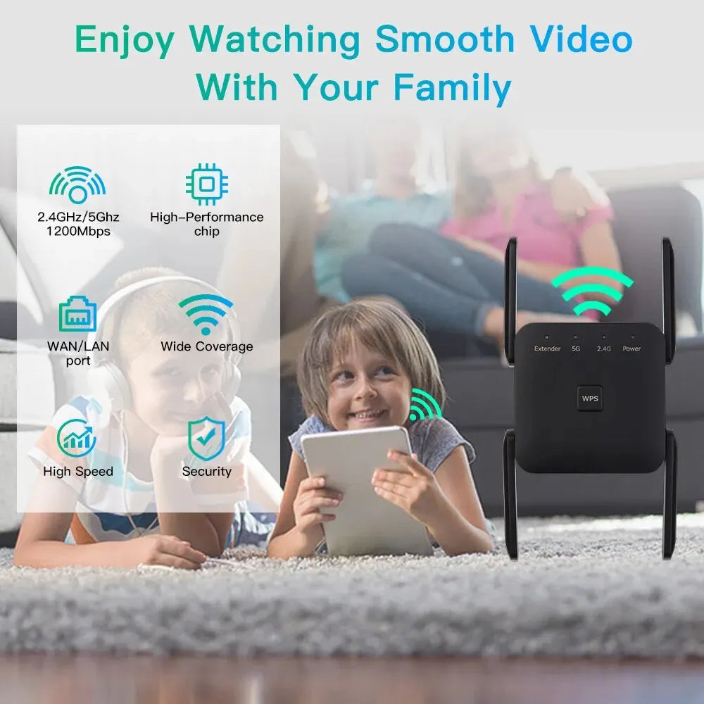 1200Mbps WiFi Repeater – Dual Band 2.4GHz/5GHz Wireless Signal Booster with EU/US Plug for Home & Office