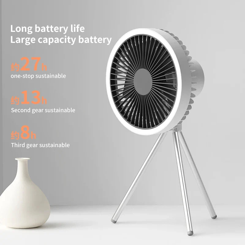 10000mAh Rechargeable Camping Fan – Ceiling & Desk Fan with LED Light and Power Bank Function