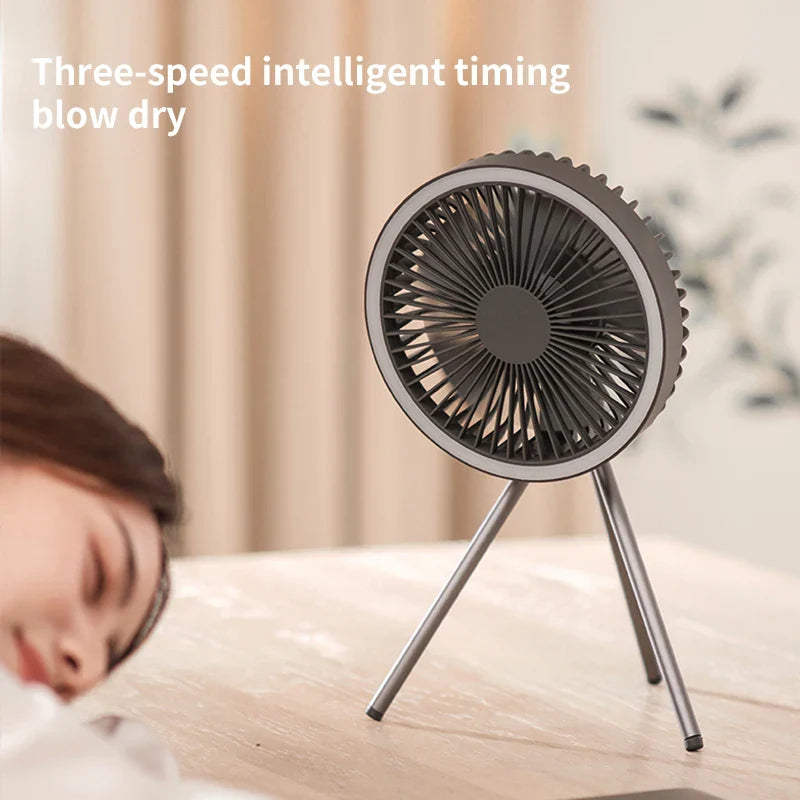 10000mAh Rechargeable Camping Fan – Ceiling & Desk Fan with LED Light and Power Bank Function