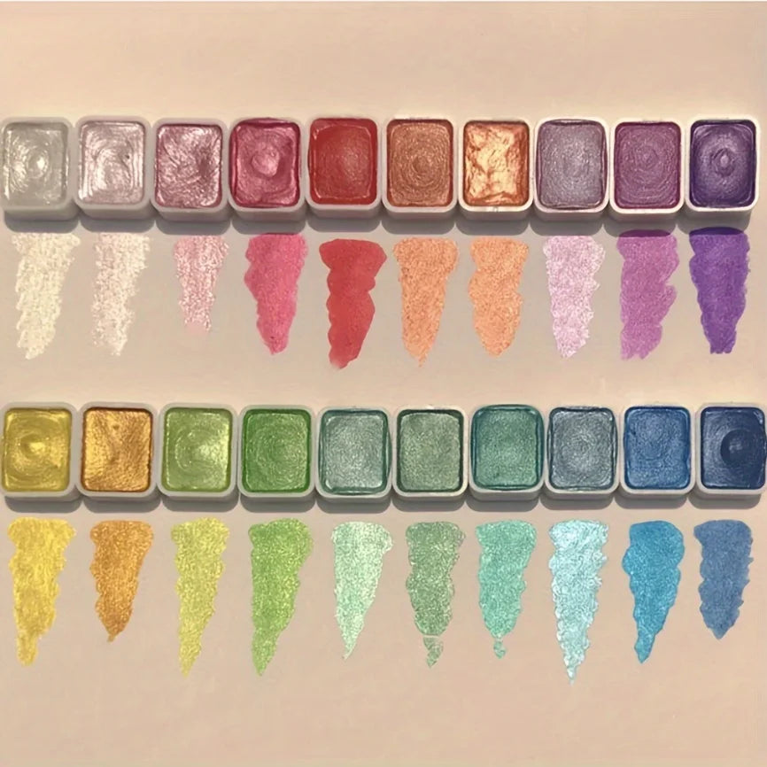 20 Colors Metal Watercolor Painting Set – Portable Box with Shiny Pearls & Art Supplies