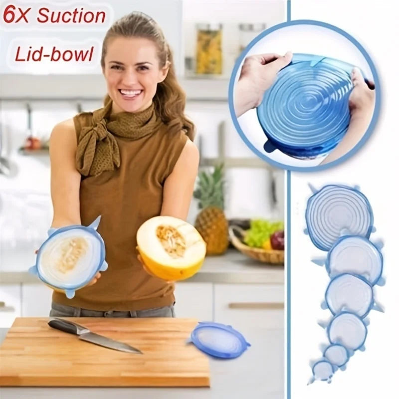 6Pcs Silicone Fresh-Keeping Covers – Reusable Stretch Canning Lids in Blue & White for Airtight Food Storage