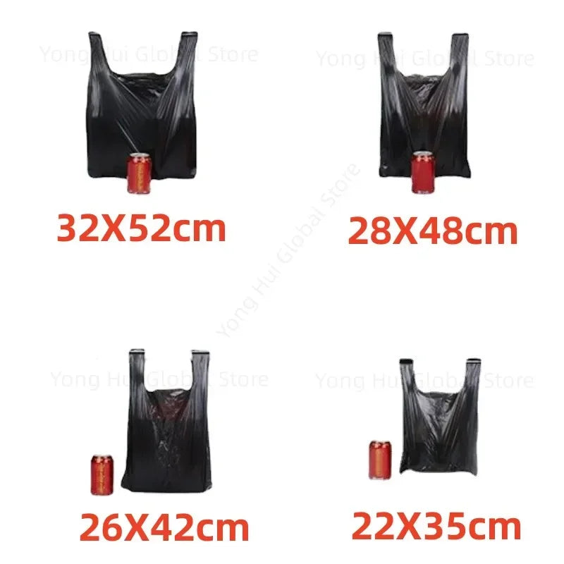 100PCS Black Vest Plastic Bags – Durable Garbage & Shopping Bags with Handles for Kitchen & Living Room