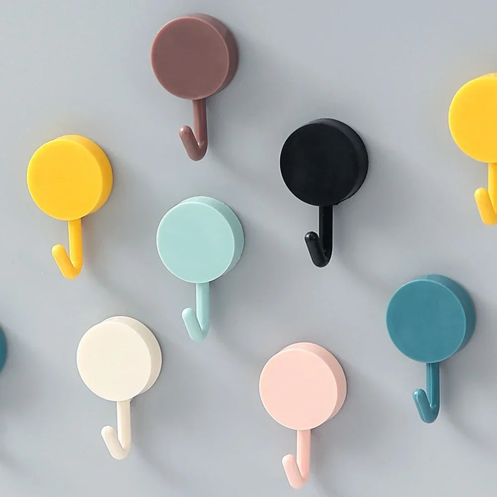 10PCS Self Adhesive Wall Hooks Strong Hold No Drilling – Multi-Color Coat, Bag, Towel Hangers for Bathroom, Kitchen & Home Storage