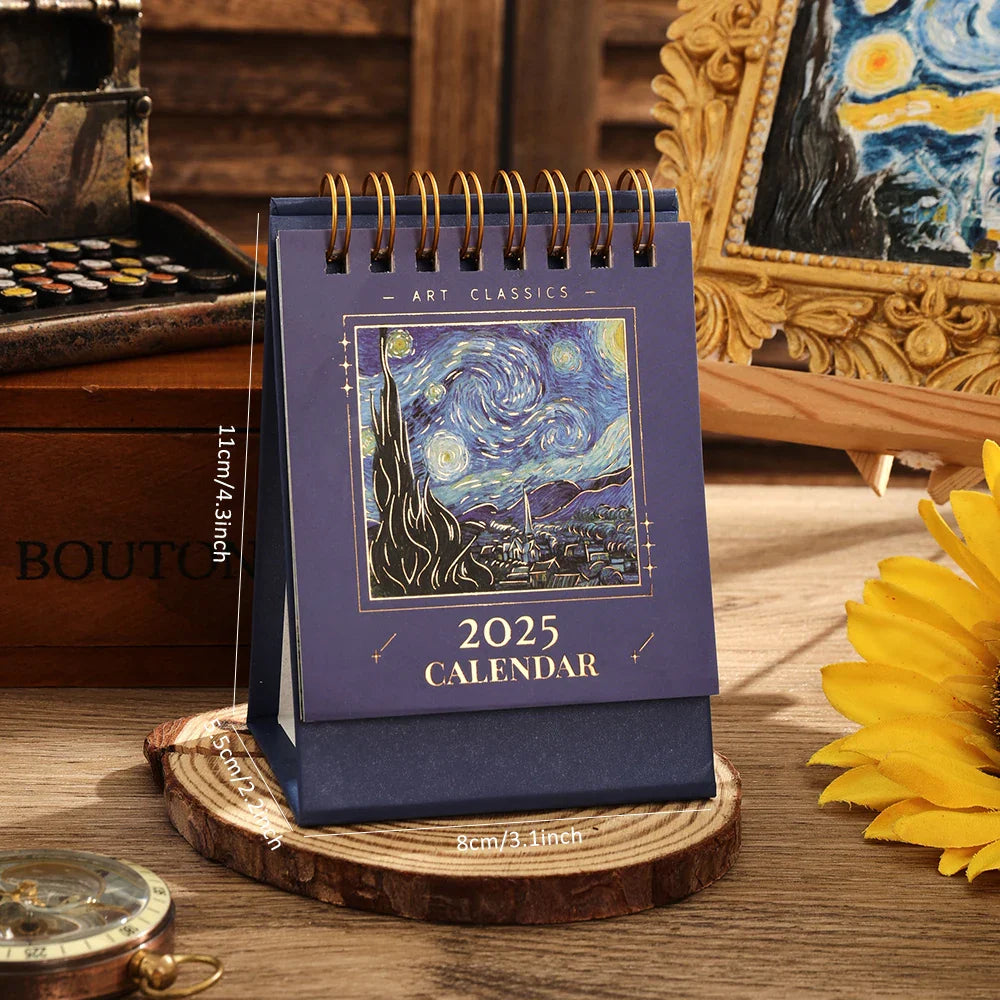 2025 Vintage Mini Bronzing Painting Desk Calendar – Monthly Flip Tabletop Planner