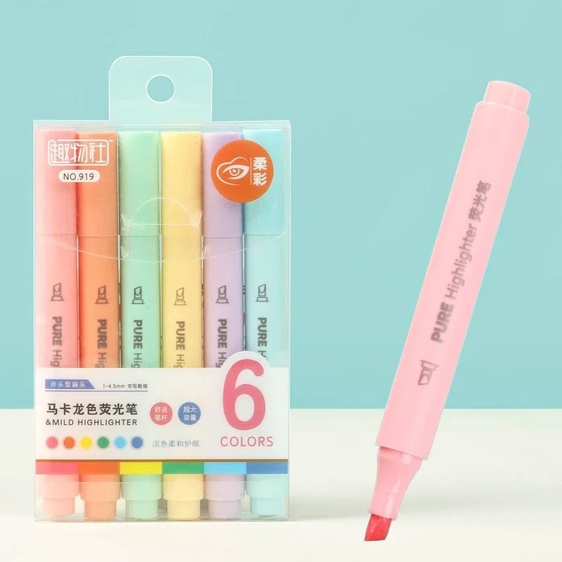 6Pcs Pastel Color Macaron Highlighter Pen Set – Cute Fluorescent Marker Pens for School & Office
