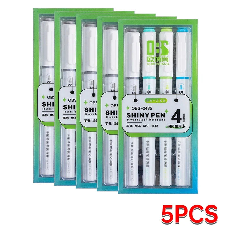 4 Colors Shining Highlighter Pens – Kawaii School Markers for Notes & Journals