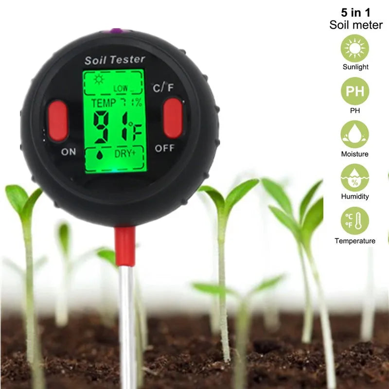 5-in-1 PH Soil Tester – Portable Moisture Meter, Thermometer, Humidity & Water Analyzer for Gardening & Hydroponics