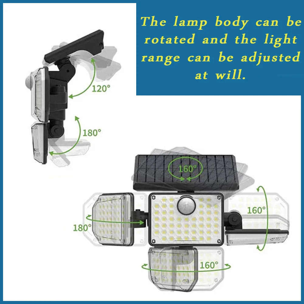 1-Pack Outdoor Motion Sensor Solar Light – 4-Head 122 LED Flood Lamp with 270° Coverage, 3000 Lumens & Solar Power