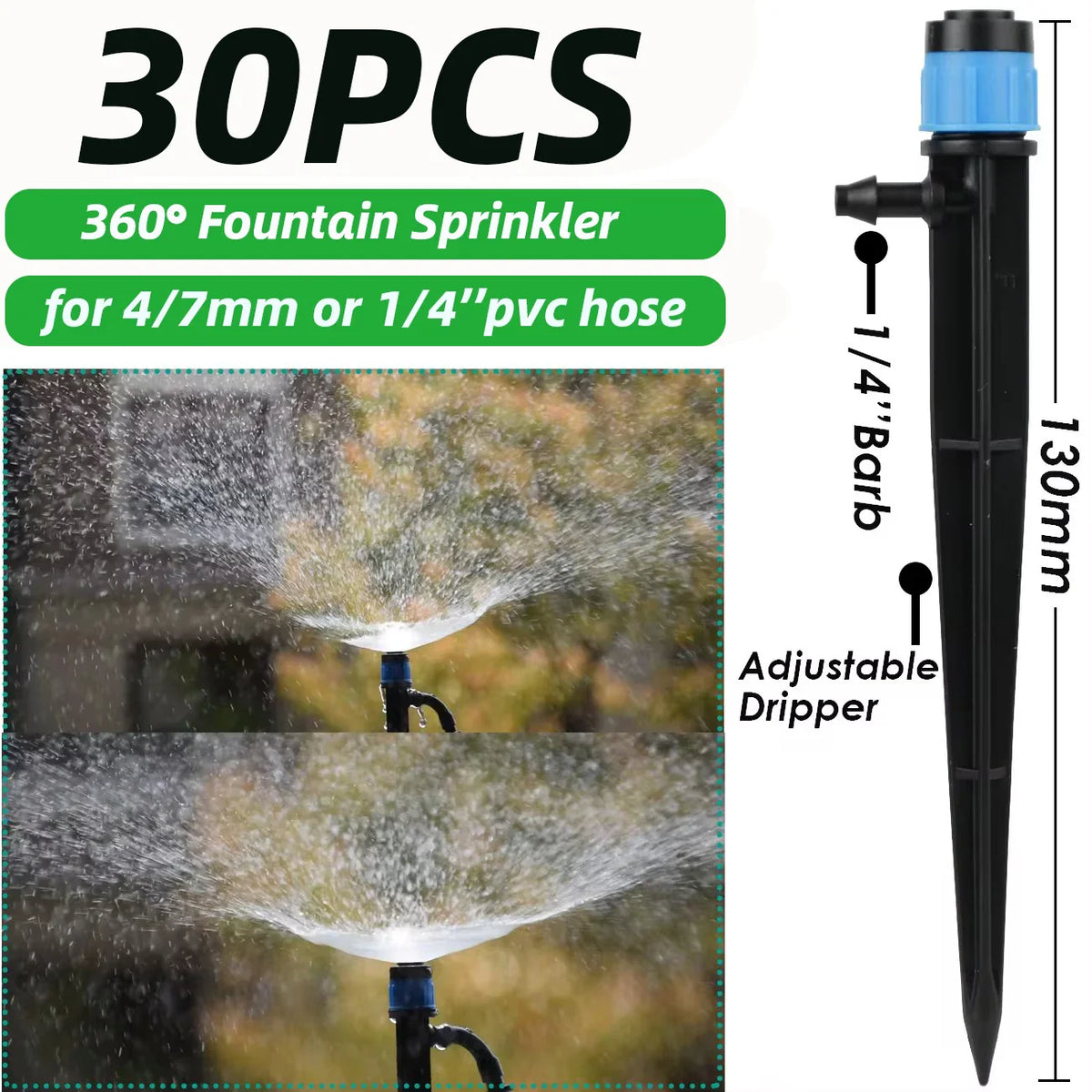 30Pcs Adjustable Garden Sprinkler Nozzles – 360° Drip Irrigation Heads for 4/7mm Hose & Greenhouse Watering