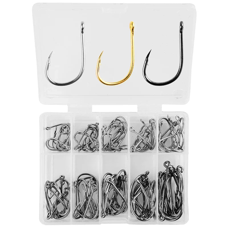 100Pcs High Carbon Steel Fishing Hooks Set – Assorted Barbed Carp Hooks for Fly & Jig Fishing